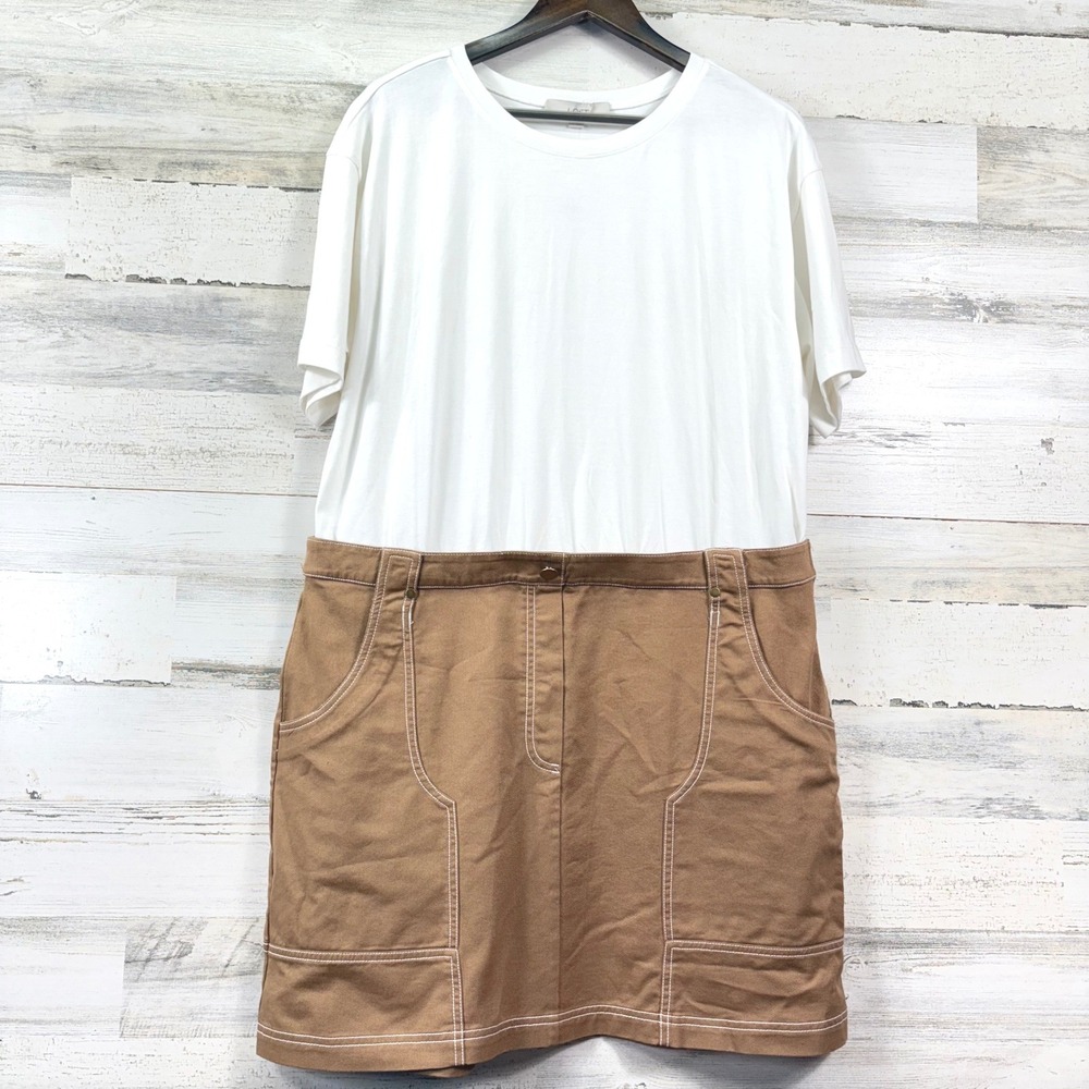 LOFT Mixed Media Dress Women 16 White Brown NEW Contrast Stitch Utility Chic